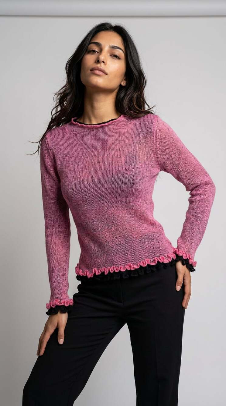 Ago e Filo Pink & Black Ruffled Long Sleeve Knit Sweater